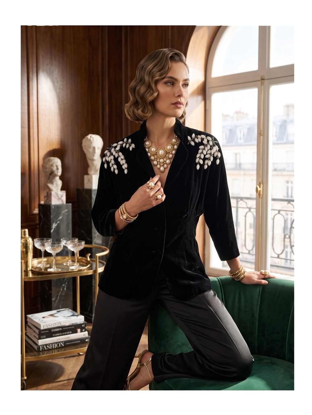 Vintage 50’s: Bernetti ❁ Mother of Pearl Embellish Peplum Velvet Jacket ❁ Black